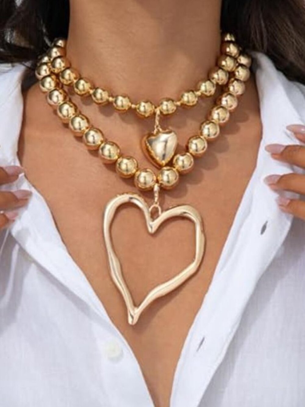 Chunky Heart Necklace for Women,Y2k Large Pearl Beads Heart Choker Chunky Gold